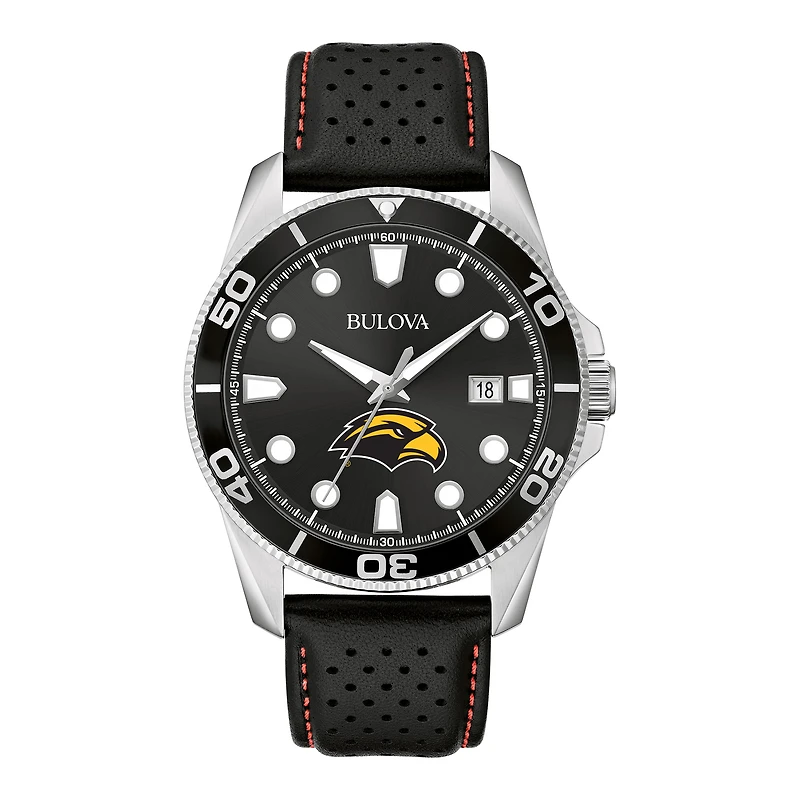 Men's Bulova Black Southern Miss Golden Eagles Corporate Collection Leather Strap Watch