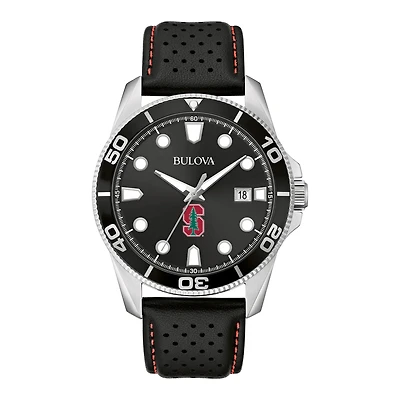 Men's Bulova Black Stanford Cardinal Corporate Collection Leather Strap Watch