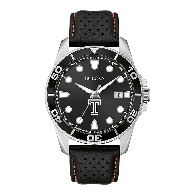 Men's Bulova Black Temple Owls Corporate Collection Leather Strap Watch