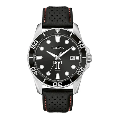Men's Bulova Black Temple Owls Corporate Collection Leather Strap Watch