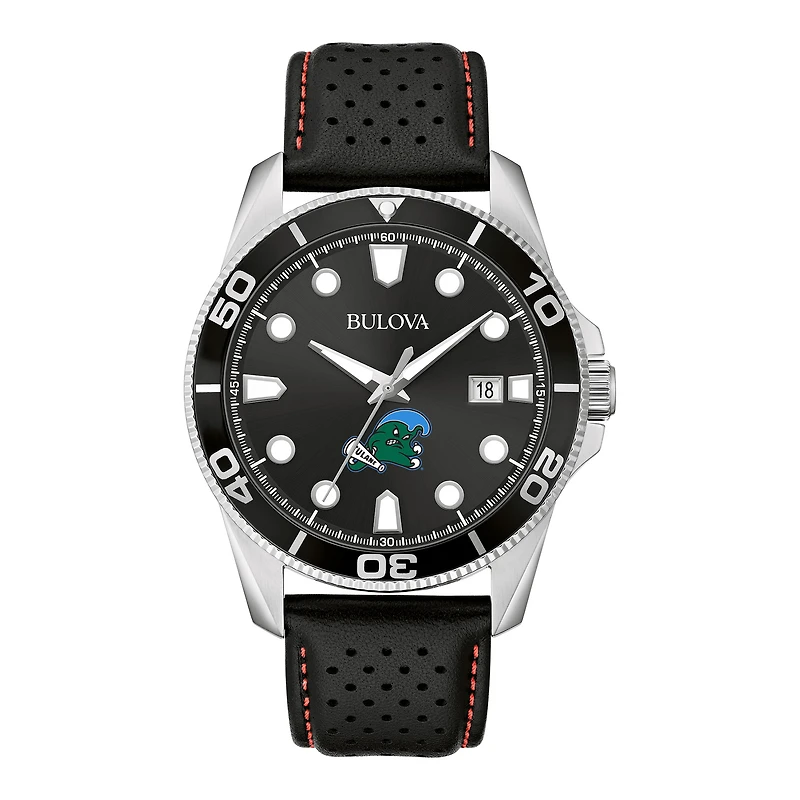 Men's Bulova Black Tulane Green Wave Corporate Collection Leather Strap Watch