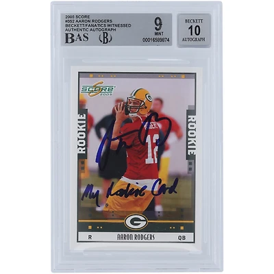 Aaron Rodgers Green Bay Packers Autographed 2005 Score #352 Beckett Fanatics Witnessed Authenticated 9/10 Rookie Card with "My Rookie Card" Inscription