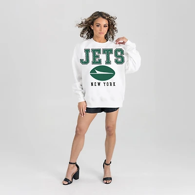Women's Gameday Couture White New York Jets Sunday Drives Oversized Crewneck Pullover Sweatshirt