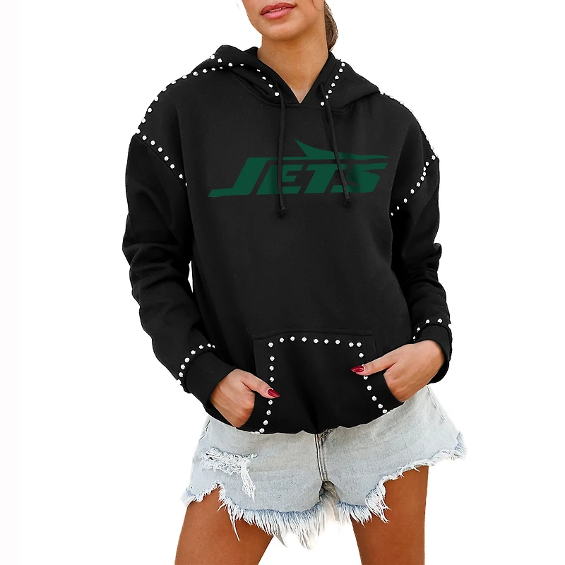Women's Gameday Couture Black New York Jets Oversized Catch the Vibe Studded Pullover Hoodie