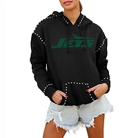 Women's Gameday Couture Black New York Jets Oversized Catch the Vibe Studded Pullover Hoodie