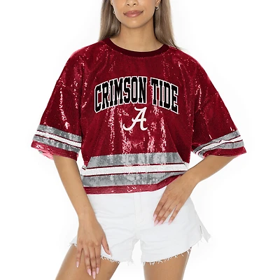 Women's Gameday Couture Crimson Alabama Crimson Tide Sequin Striped Cropped Fashion Jersey T-Shirt