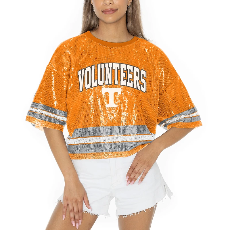 Women's Gameday Couture Tennessee Orange Volunteers Sequin Striped Cropped Fashion Jersey T-Shirt