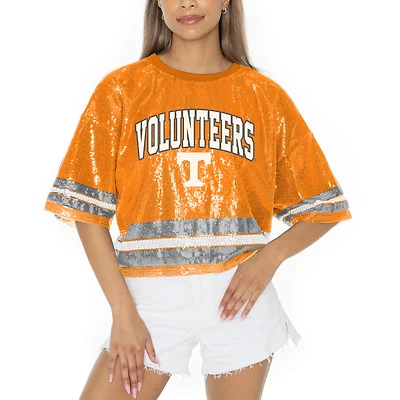 Women's Gameday Couture Tennessee Orange Volunteers Sequin Striped Cropped Fashion Jersey T-Shirt