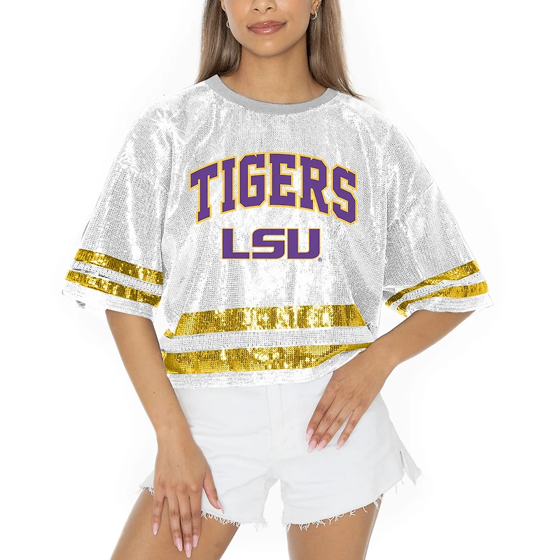 Women's Gameday Couture White LSU Tigers Sequin Striped Cropped Fashion Jersey T-Shirt