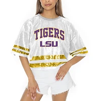 Women's Gameday Couture White LSU Tigers Sequin Striped Cropped Fashion Jersey T-Shirt