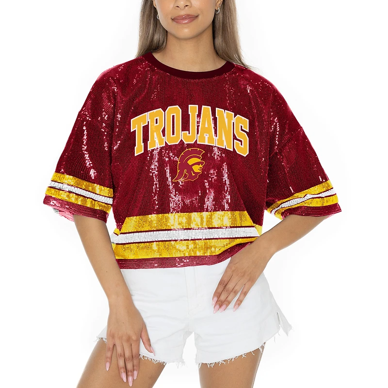 Women's Gameday Couture Cardinal USC Trojans Sequin Striped Cropped Fashion Jersey T-Shirt