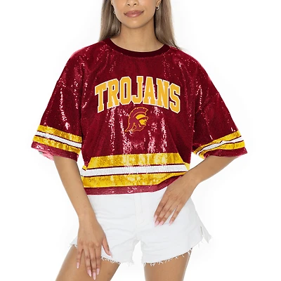 Women's Gameday Couture Cardinal USC Trojans Sequin Striped Cropped Fashion Jersey T-Shirt