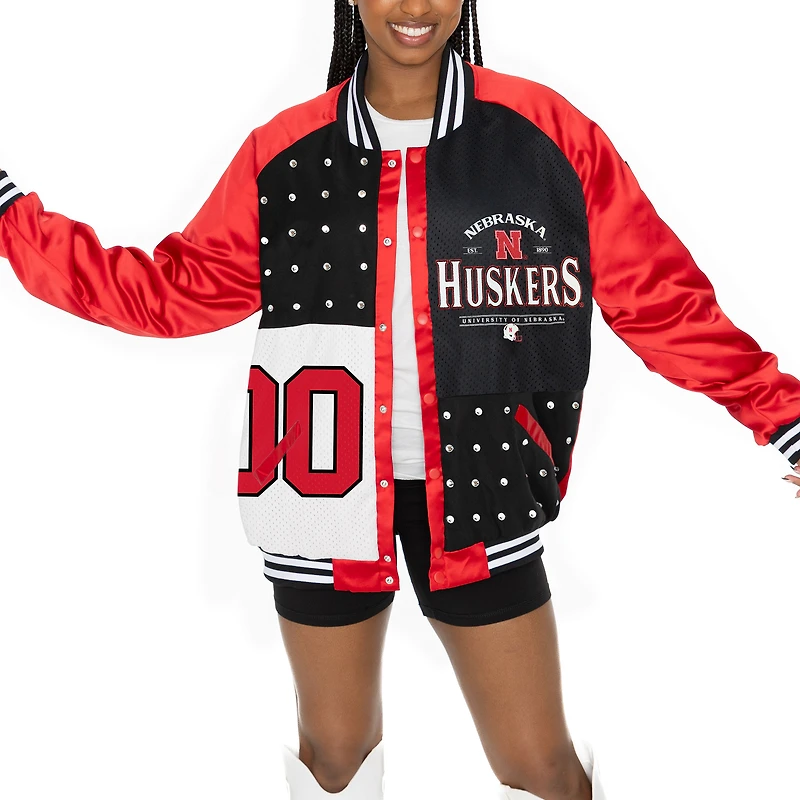 Women's Gameday Couture Scarlet Nebraska Huskers Mixed Media Throwback Rhinestone Raglan Full-Snap Varsity Bomber Jacket