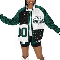 Women's Gameday Couture Green Michigan State Spartans Mixed Media Throwback Rhinestone Raglan Full-Snap Varsity Bomber Jacket