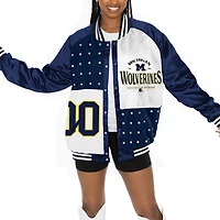 Women's Gameday Couture Navy Michigan Wolverines Mixed Media Throwback Rhinestone Raglan Full-Snap Varsity Bomber Jacket