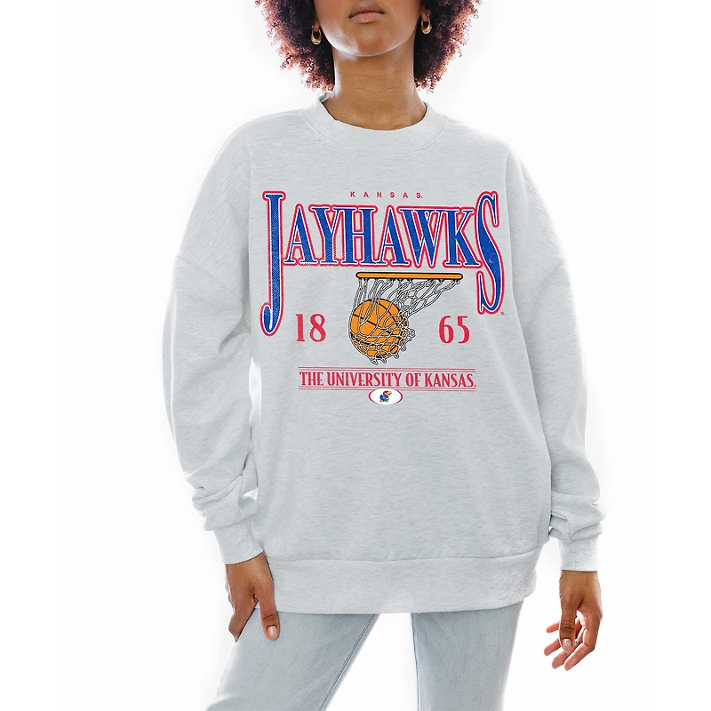 Women's Gameday Couture Gray Kansas Jayhawks Basketball Premium Fleece Drop Pullover Sweatshirt