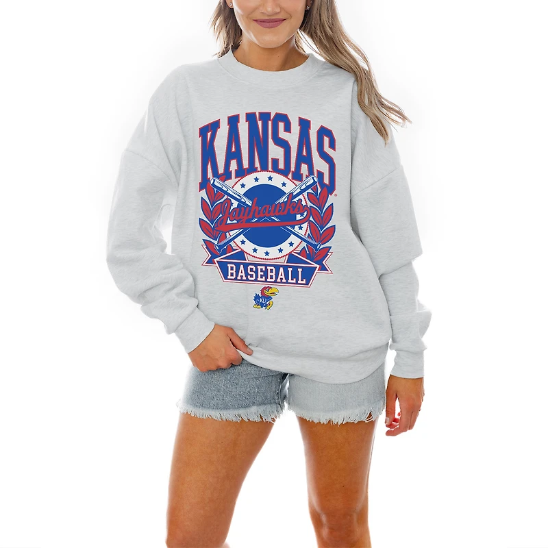 Women's Gameday Couture Gray Kansas Jayhawks Baseball Premium Fleece Drop Pullover Sweatshirt