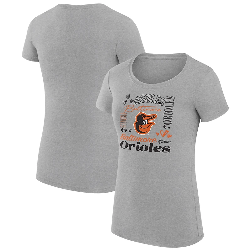 Women's G-III 4Her by Carl Banks Heather Gray Baltimore Orioles Super-Slim Fit Lightweight Collage Team Graphic Crew Neck T-Shirt