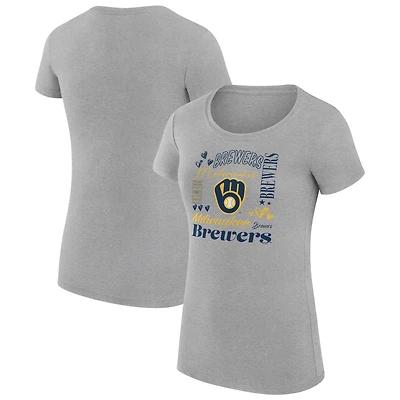 Women's G-III 4Her by Carl Banks Heather Gray Milwaukee Brewers Super-Slim Fit Lightweight Collage Team Graphic Crew Neck T-Shirt