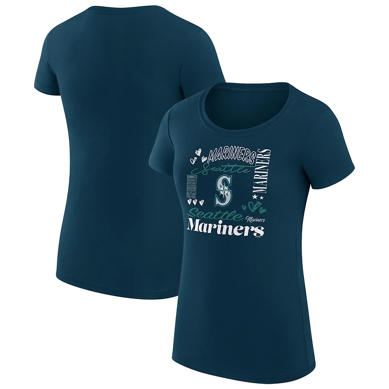 Women's G-III 4Her by Carl Banks Navy Seattle Mariners Super-Slim Fit Lightweight Collage Team Graphic Crew Neck T-Shirt