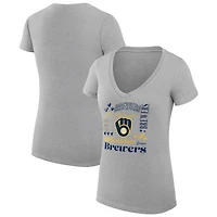 Women's G-III 4Her by Carl Banks Heather Gray Milwaukee Brewers Super-Slim Fit Lightweight Collage Team Graphic V-Neck T-Shirt