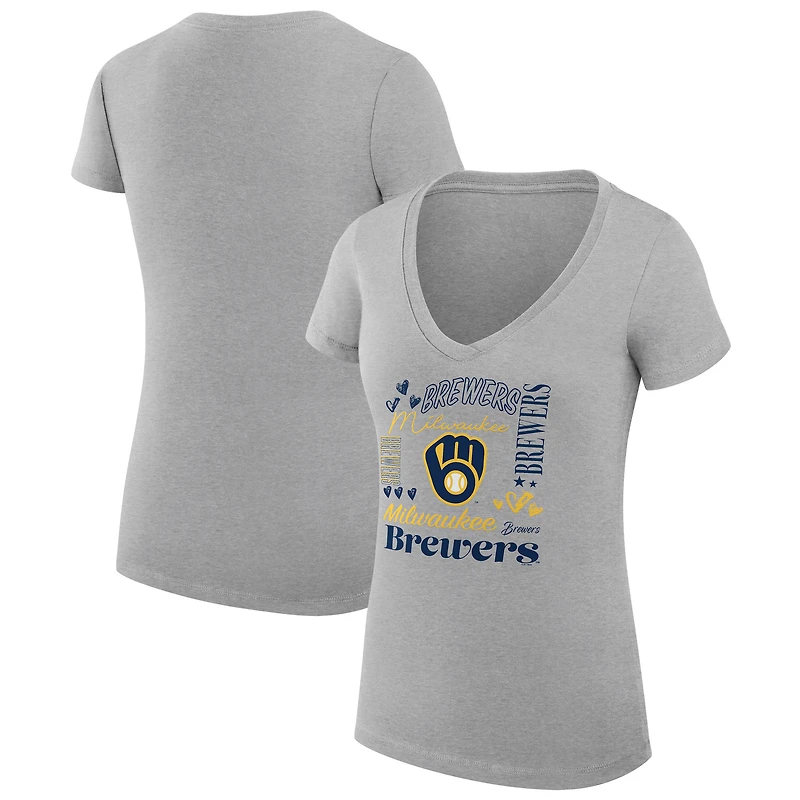 Women's G-III 4Her by Carl Banks Heather Gray Milwaukee Brewers Super-Slim Fit Lightweight Collage Team Graphic V-Neck T-Shirt