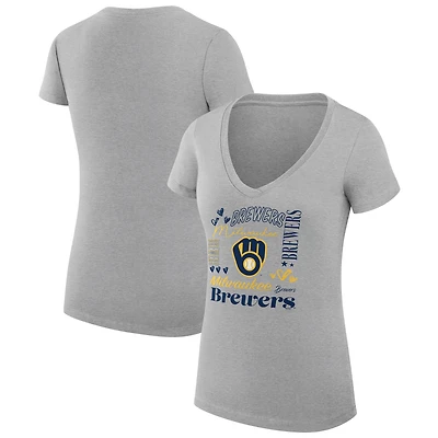 Women's G-III 4Her by Carl Banks Heather Gray Milwaukee Brewers Super-Slim Fit Lightweight Collage Team Graphic V-Neck T-Shirt