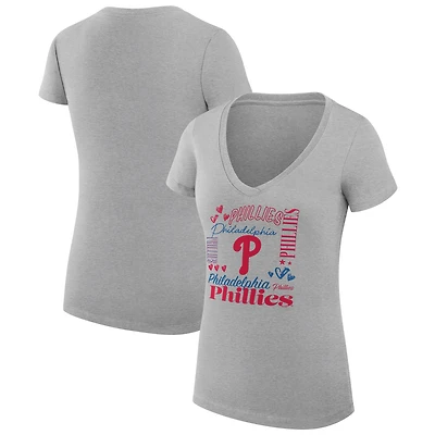 Women's G-III 4Her by Carl Banks Heather Gray Philadelphia Phillies Super-Slim Fit Lightweight Collage Team Graphic V-Neck T-Shirt