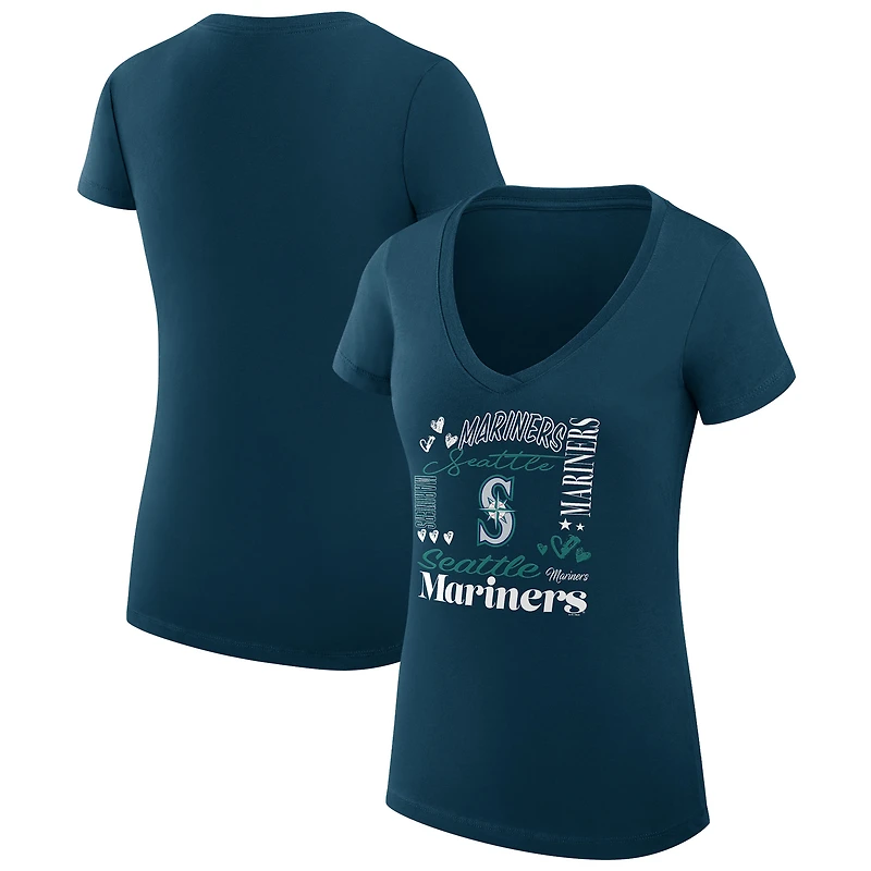Women's G-III 4Her by Carl Banks Navy Seattle Mariners Super-Slim Fit Lightweight Collage Team Graphic V-Neck T-Shirt