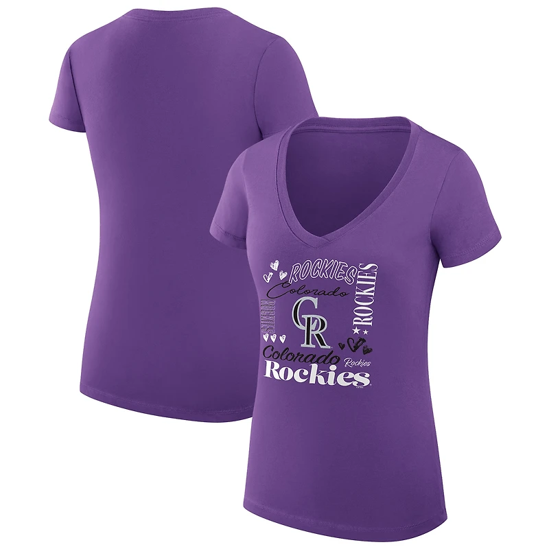 Women's G-III 4Her by Carl Banks Purple Colorado Rockies Super-Slim Fit Lightweight Collage Team Graphic V-Neck T-Shirt