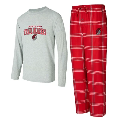 Men's Concepts Sport Red/Gray Portland Trail Blazers Petition Long Sleeve Top and Plaid Pant Set