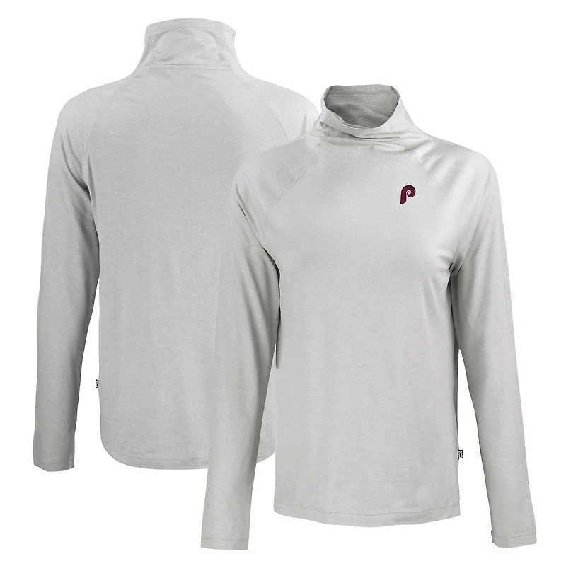 Women's Cutter & Buck Gray Philadelphia Phillies Cooperstown Collection Coastline Epic Comfort Eco Recycled Funnel Neck Raglan Pullover Top