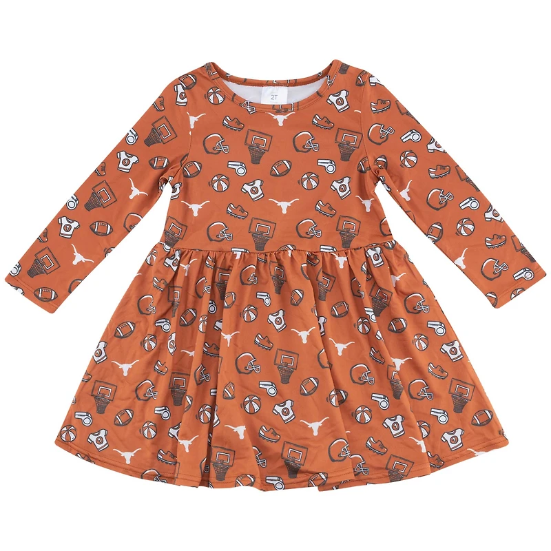 Girls Toddler ZooZatz Texas Orange Longhorns Allover Print Long Sleeve Dress
