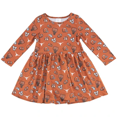 Girls Toddler ZooZatz Texas Orange Longhorns Allover Print Long Sleeve Dress