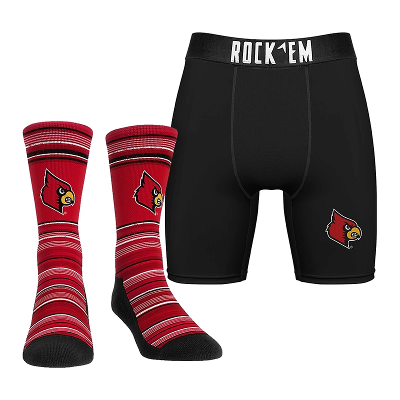 Men's Rock Em Socks Louisville Cardinals Primary Crew Socks & Boxer Briefs Combo Pack
