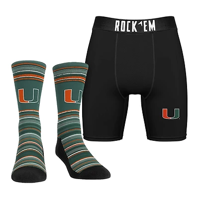 Men's Rock Em Socks Miami Hurricanes Primary Crew Socks & Boxer Briefs Combo Pack