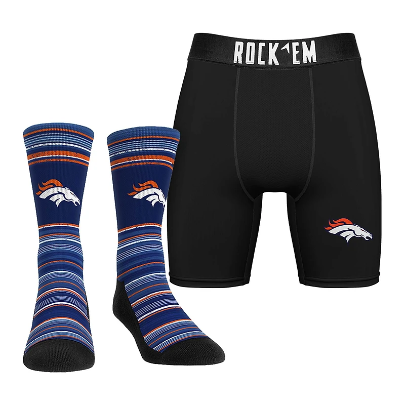 Men's Rock Em Socks Denver Broncos Primary Crew Socks & Boxer Briefs Combo Pack