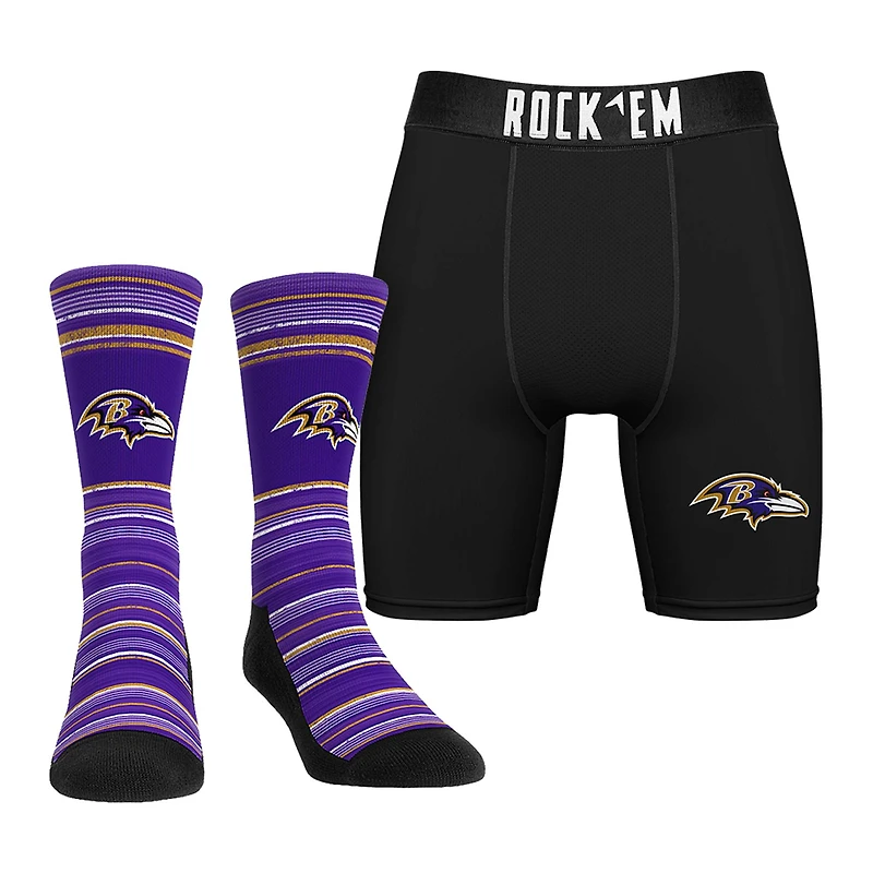Men's Rock Em Socks Baltimore Ravens Primary Crew Socks & Boxer Briefs Combo Pack