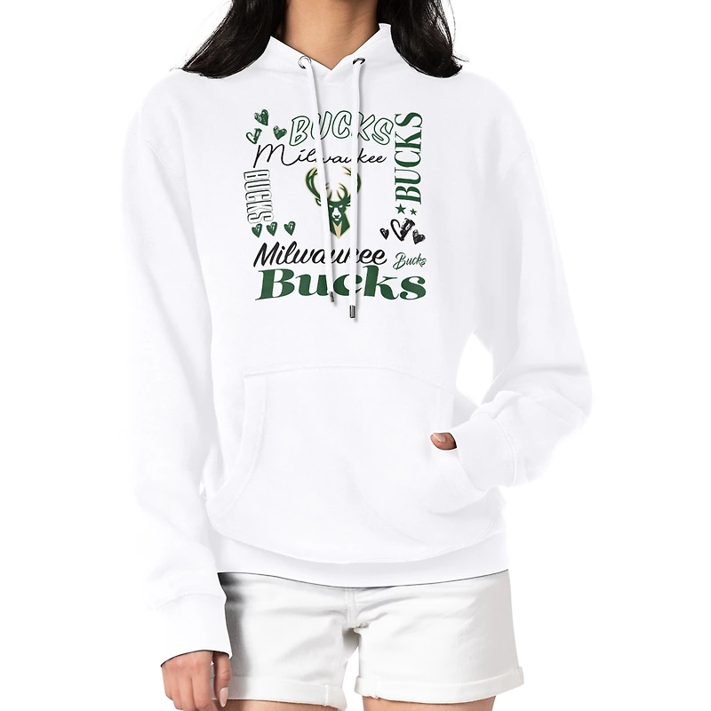Women's G-III 4Her by Carl Banks White Milwaukee Bucks Team Collage Graphic Fleece Pullover Hoodie