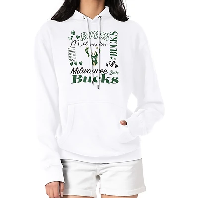 Women's G-III 4Her by Carl Banks White Milwaukee Bucks Team Collage Graphic Fleece Pullover Hoodie