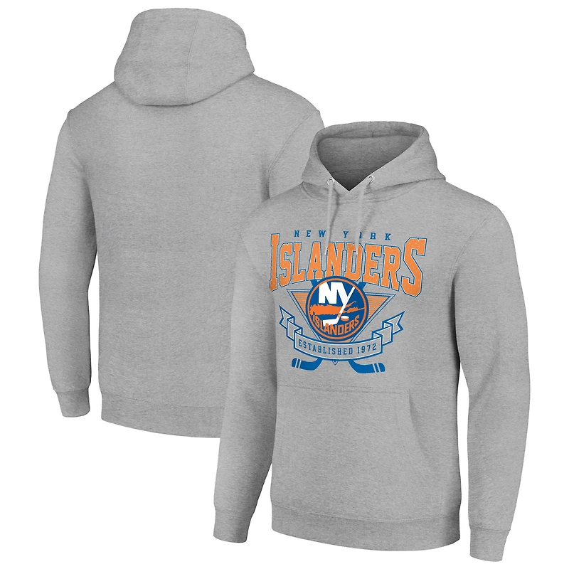 Men's Starter Heather Gray New York Islanders Team Logo Graphic Fleece Tri-Blend Pullover Hoodie