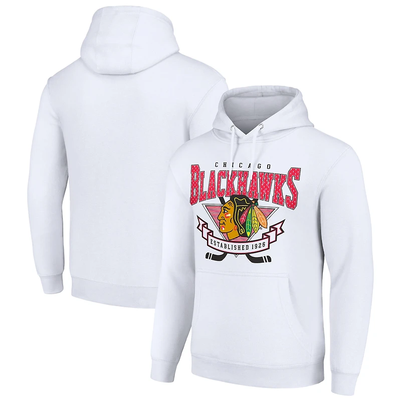 Men's Starter White Chicago Blackhawks Team Logo Graphic Fleece Tri-Blend Pullover Hoodie