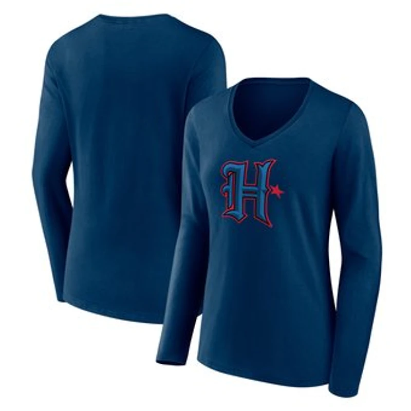 Women's Navy Houston Texans Secondary Logo Long Sleeve V-Neck T-Shirt