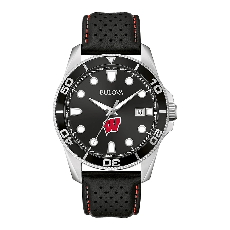 Men's Bulova Black Wisconsin Badgers Sport Leather Strap Watch
