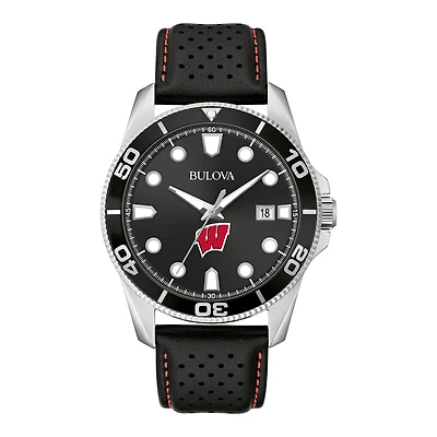 Men's Bulova Black Wisconsin Badgers Sport Leather Strap Watch