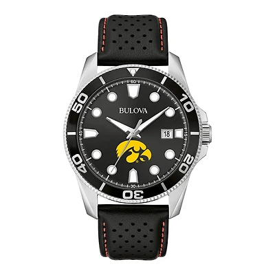 Men's Bulova Black Iowa Hawkeyes Sport Leather Strap Watch