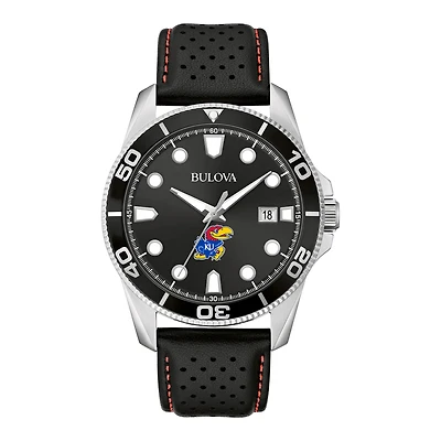 Men's Bulova Black Kansas Jayhawks Sport Leather Strap Watch