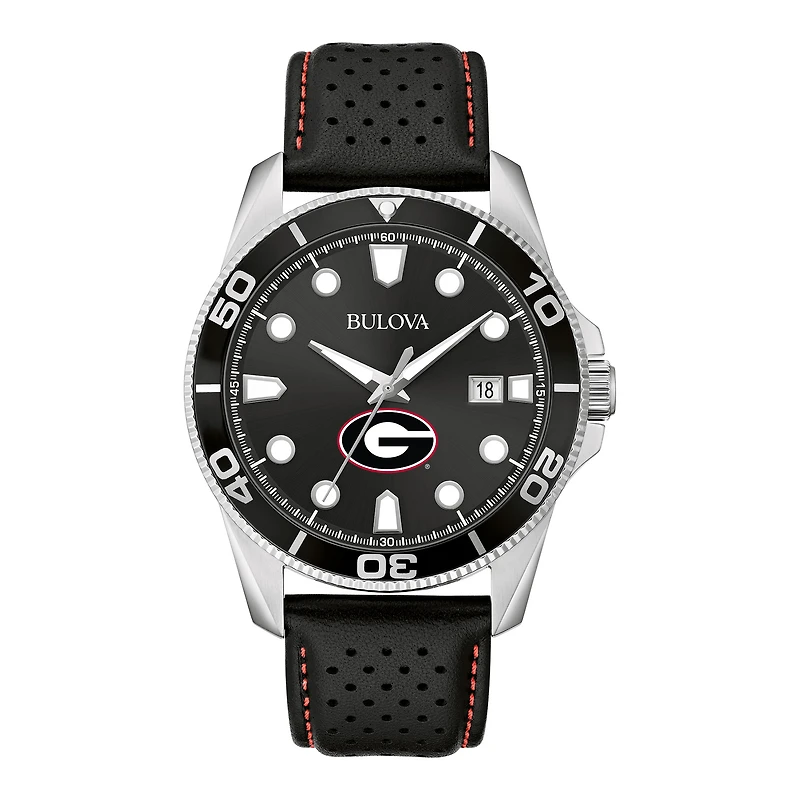 Men's Bulova Black Georgia Bulldogs Sport Leather Strap Watch