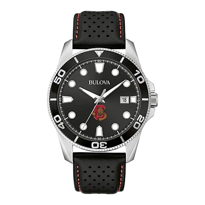 Men's Bulova Black Cornell Big Red Sport Leather Strap Watch