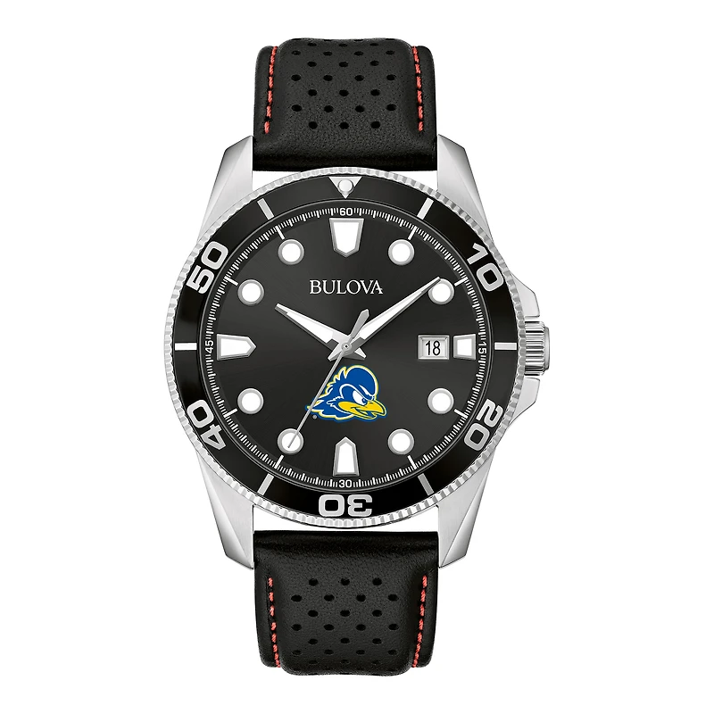 Men's Bulova Black Delaware Fightin' Blue Hens Sport Leather Strap Watch